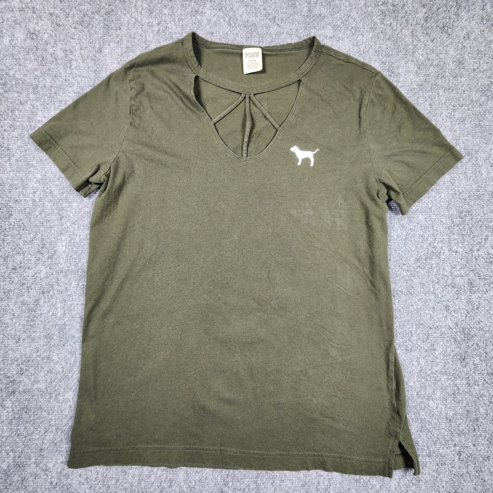 Victoria's Secret PINK‎ Olive Green Strappy V-Neck Graphic T-Shirt Medium